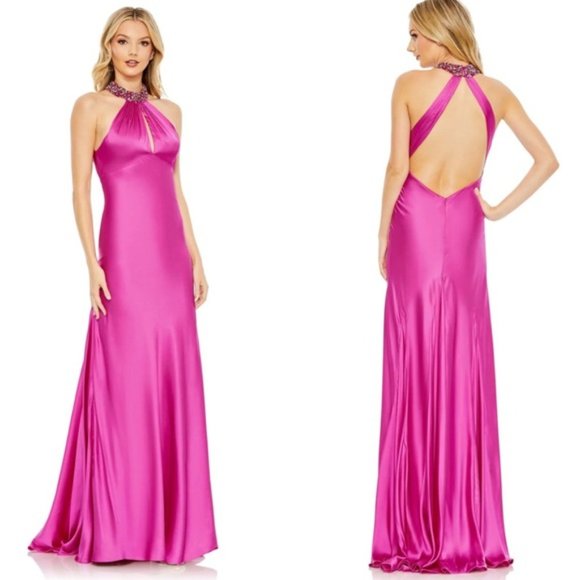 NWT MAC DUGGAL BEADED HALTER KEY HOLE COLUMN‎ GOWN FUSCHIA PINK 0 68063 - Picture 1 of 11